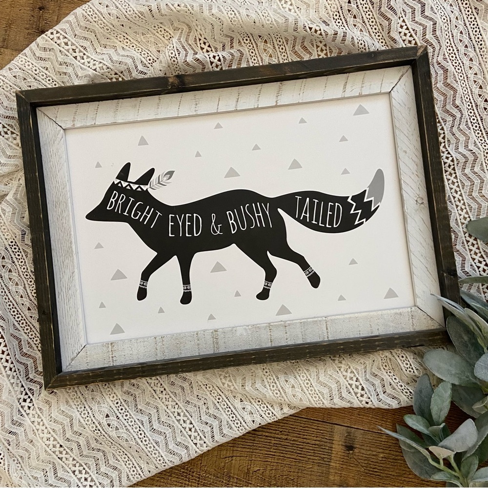 Black White Fox Wall Art, BRIGHT EYED + BUSHY TAILED, Gallery Wall Piece